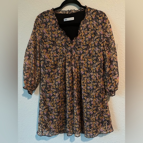 Zara Tops - Zara Shift Dress Yellow/Pink/Black Ditsy Floral Dress V-Neck Long Sleeve Size M